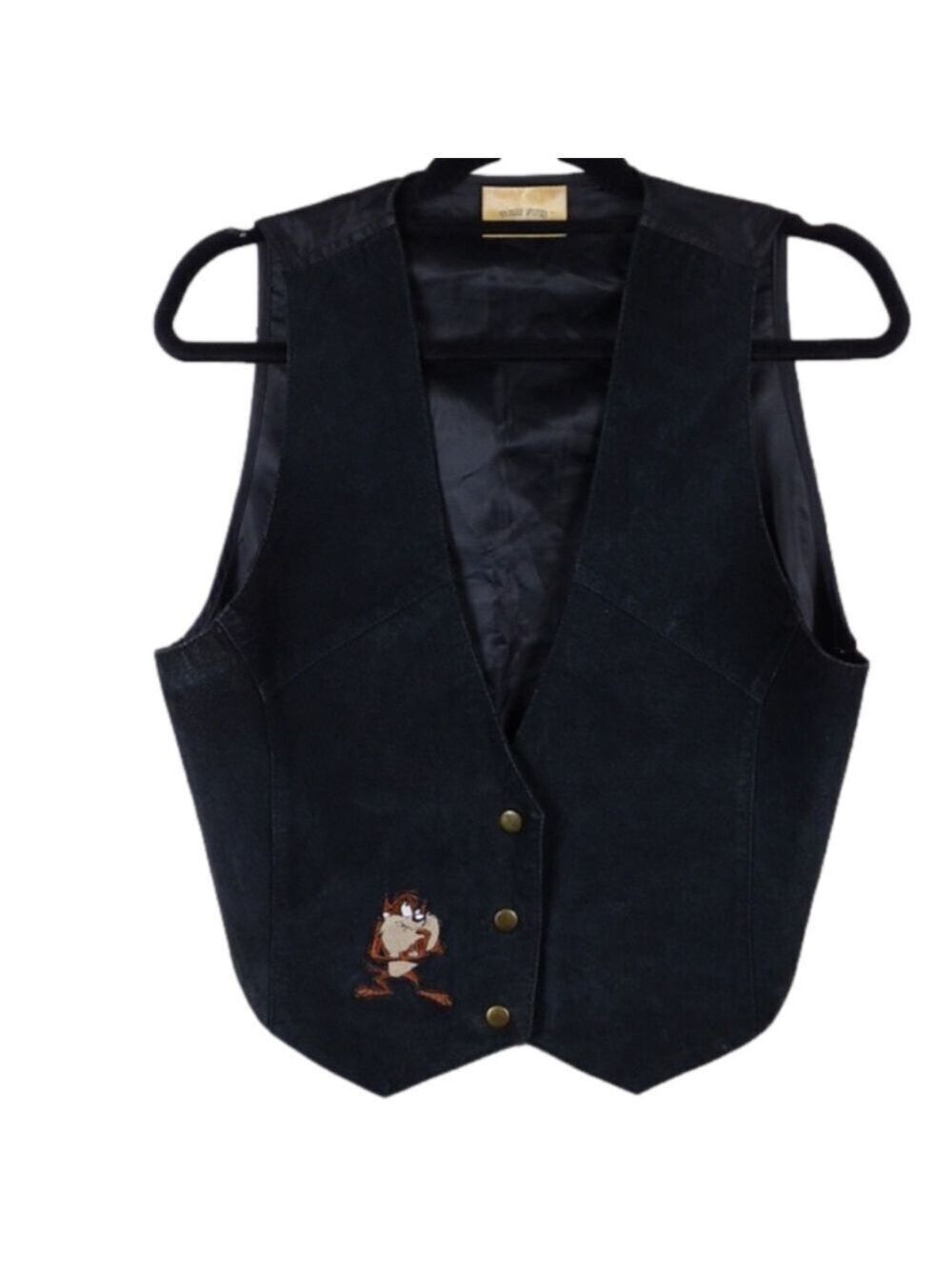 Looney Tunes Vintage 90's Tasmanian Devil Black Suede Leather Snap Front Vest